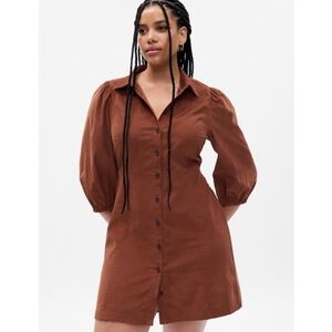 Gap Puff Sleeve Corduroy Mini Dress Saddle Brown Women Size M 70's Inspired Cozy